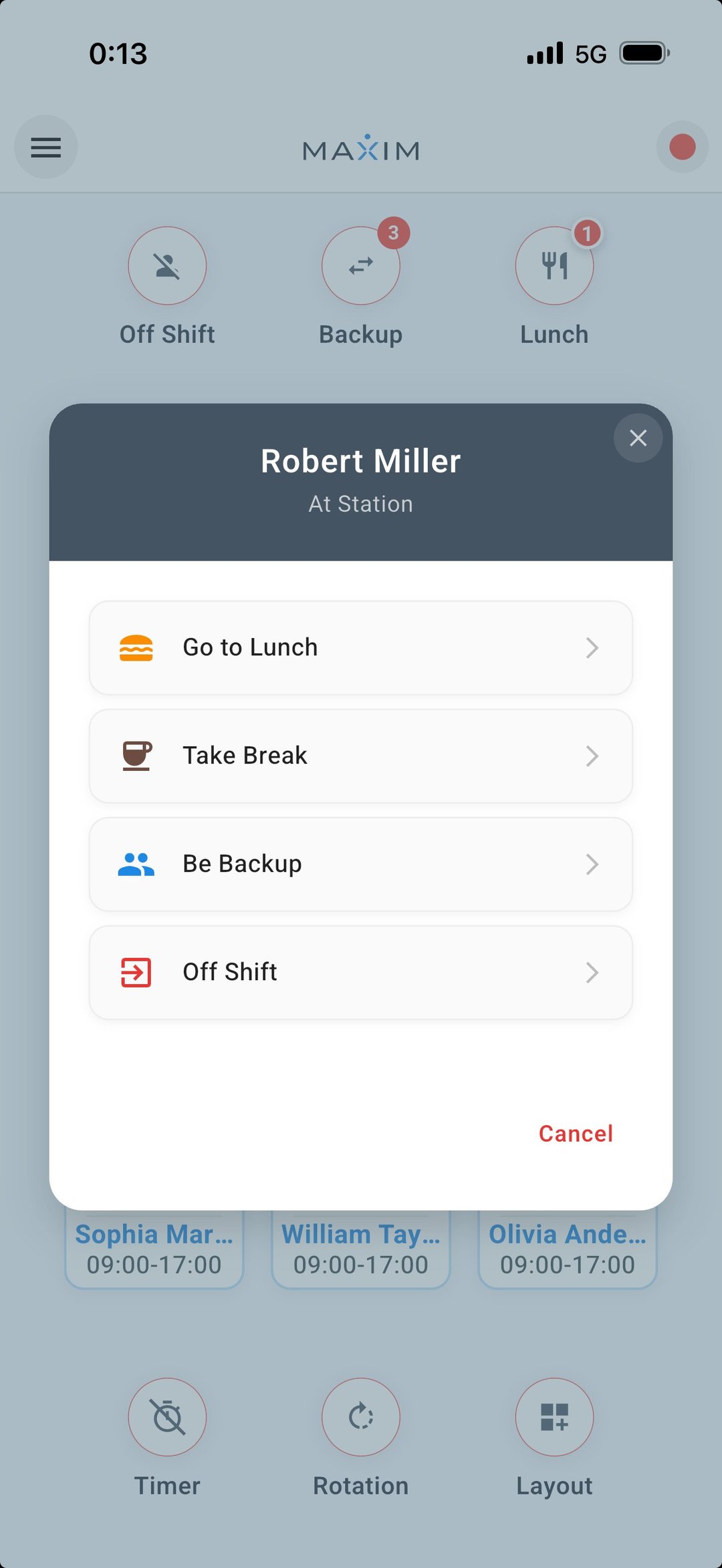 MAXIM quick actions for a team member