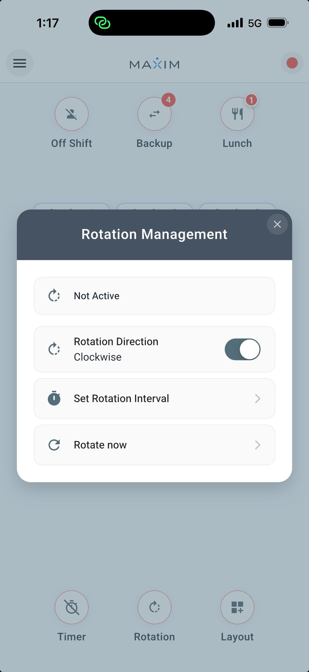 MAXIM rotation management controls